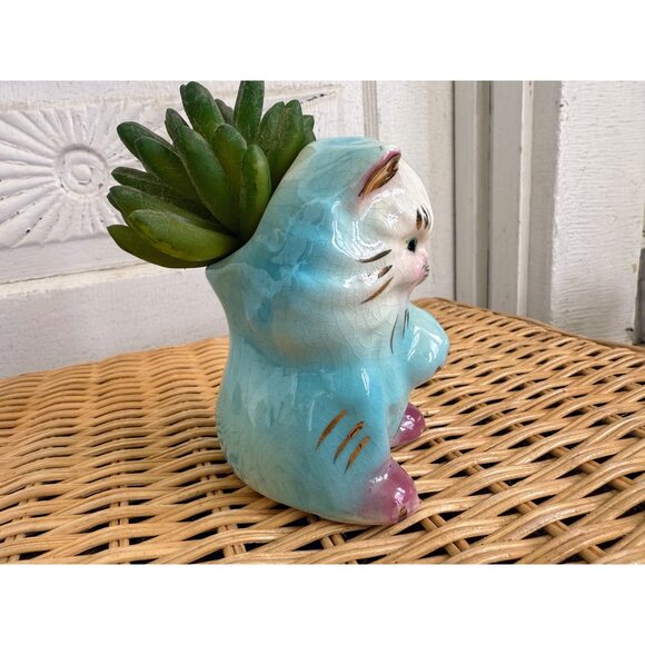 Vintage 50's Blue Ceramic Cat Kitten Planter Pot Vase Kitsch Retro - Picture 3 of 11